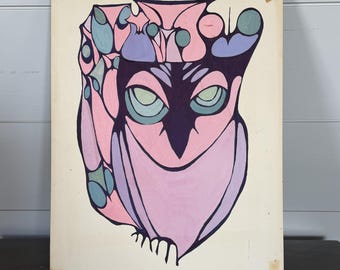 1967 Mid-Century Modern Owl Painting – Pop Art Gouache Biomorphic Abstract Wall Art