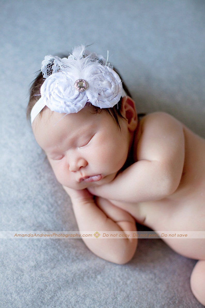 Feathers and LACE White Rosette Headband with Rhinestone Embellishment Bild 1