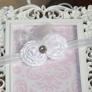 Feathers and LACE White Rosette Headband with Rhinestone Embellishment Bild 3