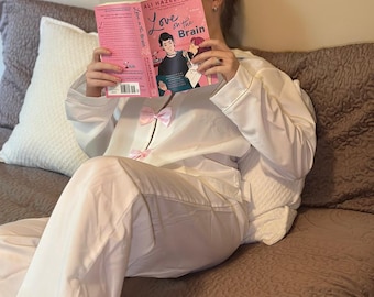 Weiße Schleife Pyjama Set, Kokette Nachtwäsche, Rosa Schleife PJs, Romantische Ästhetische Loungewear, Weiche Mädchen Pyjamas, Geschenk für Sie