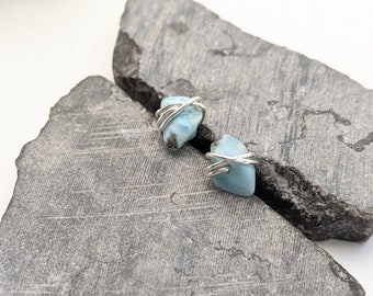 Sterling Silver Wrapped Larimar Stud Earrings, Minimalist, Post, Studs, Silver Filled, Birthstone Jewelry