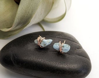 14 K Rose Gold Wrapped Larimar Stud Earrings, Minimalist, Post, Studs, 14K Rose Gold Filled, Birthstone Jewelry