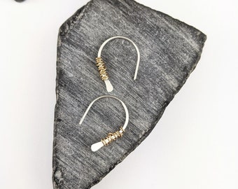 Sterling Silver Horseshoe Threader with 14k Gold Wire Wrap, minimalist earrings, delicate earrings, open hoops, tiny hoops