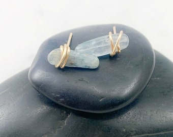 Kyanite Gemstone and 14k Gold Stud Earrings, gemstone earrings, blue stone earrings, stud earrings, wire wrapped earrings