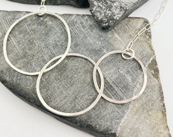 Sterling Silver Triple Nested Hoop Necklace, Circle Pendant, Hoop Necklace, Dainty Necklace, Hammered Silver Necklace