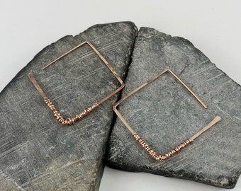 Rose Gold Hammered and Wire Wrapped Geometric Diamond Earring,  minimalist earrings, delicate earrings, threader earrings, open hoops
