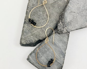 14K Gold Teardrop Hoop Earrings Wrapped with Onyx, Gold Earrings, Teardrop Earrings, Boho Earrings, Statement Earrings