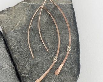 Rose Gold Threader Earrings, hammered threaders, minimalist earrings, dainty earrings, open hoops, wire wrapping