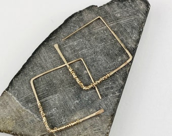 Gold Hammered and Wire Wrapped Geometric Diamond Earring,  minimalist earrings, delicate earrings, threader earrings, open hoops