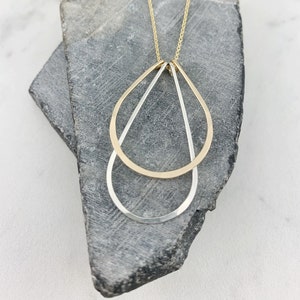 Yellow Gold & Sterling Silver Arches Necklace, Art Deco Necklace, Teardrop Pendant, Gold Necklace