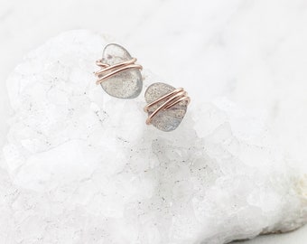 Labradorite Stud Earrings, Minimalist, Post, Studs, 14K Rose Gold Filled, Mineral Jewelry