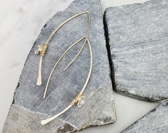 Hammered Gold Threader Earrings with Herkimer Diamonds, minimalist earrings, delicate earrings, gold earrings, open hoops