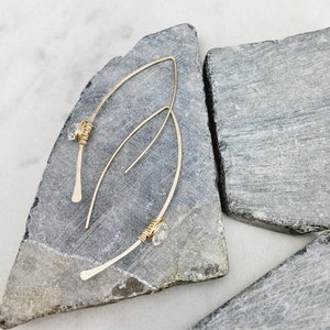 Hammered Gold Threader Earrings with Herkimer Diamonds, minimalist earrings, delicate earrings, gold earrings, open hoops image 1