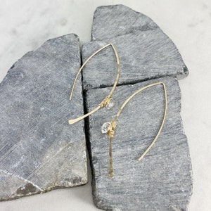 Hammered Gold Threader Earrings with Herkimer Diamonds, minimalist earrings, delicate earrings, gold earrings, open hoops image 3