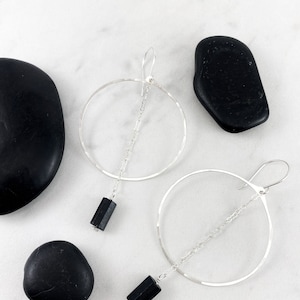 Sterling Silver Shungite Hoop Earrings: Black Stone Dangle, Boho Style