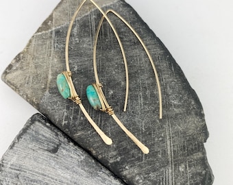 Gold Turquoise Threader Earrings: Delicate Gold Filled Arc Hoops
