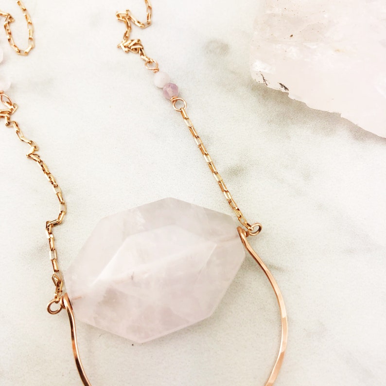 boho necklace rose gold necklace Handmade Rose Gold and Rose Quartz Pendant stone pendant gemstone necklace healing stone