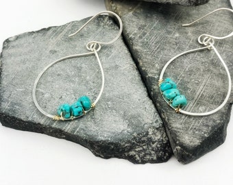 Sterling Silver Teardrop Hoop Earrings Wrapped with Gold and Turquoise, Silver Earrings, Teardrop Earrings, Boho Earring, Statement Earrings