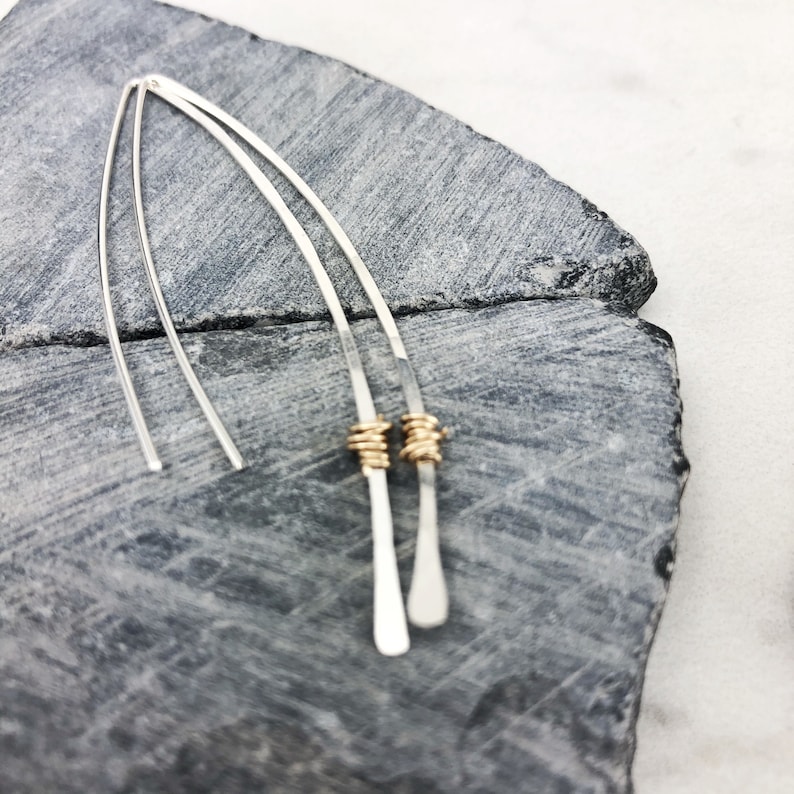 Hammered Sterling Silver and Gold Threader Earrings, minimalist earrings, delicate earrings, mixed metal earrings, open hoops image 6