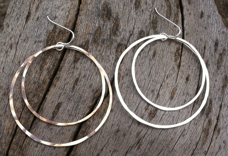 Large Sterling Silver Double Hoop Earrings, silver hammered earrings, circle jewelry, lightweight hoops, delicate earrings image 4