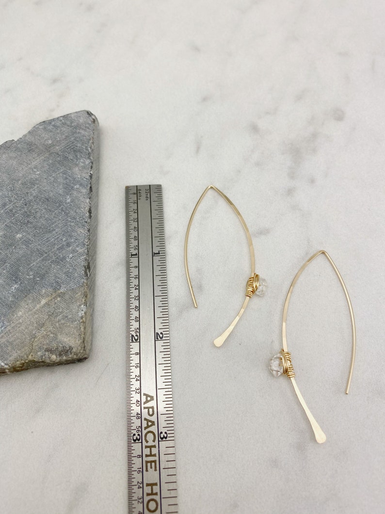 Hammered Gold Threader Earrings with Herkimer Diamonds, minimalist earrings, delicate earrings, gold earrings, open hoops image 5