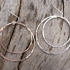 Large Sterling Silver Double Hoop Earrings, silver hammered earrings, circle jewelry, lightweight hoops, delicate earrings image 3