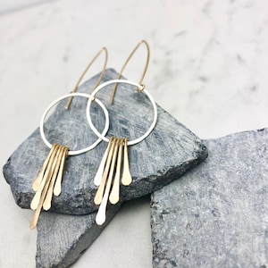 Silver Hoops with Gold Fringe, Fringe Earrings, Mixed Metal Earrings, Hammered Texture Earrings, Boho Hoop Earrings, Silver Hoop Earrings