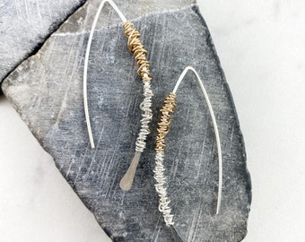 Silver Hammered Mixed Metal Boho Threader Earrings, wire wrapped, delicate earrings, mixed metal, open hoops, silver gold earrings