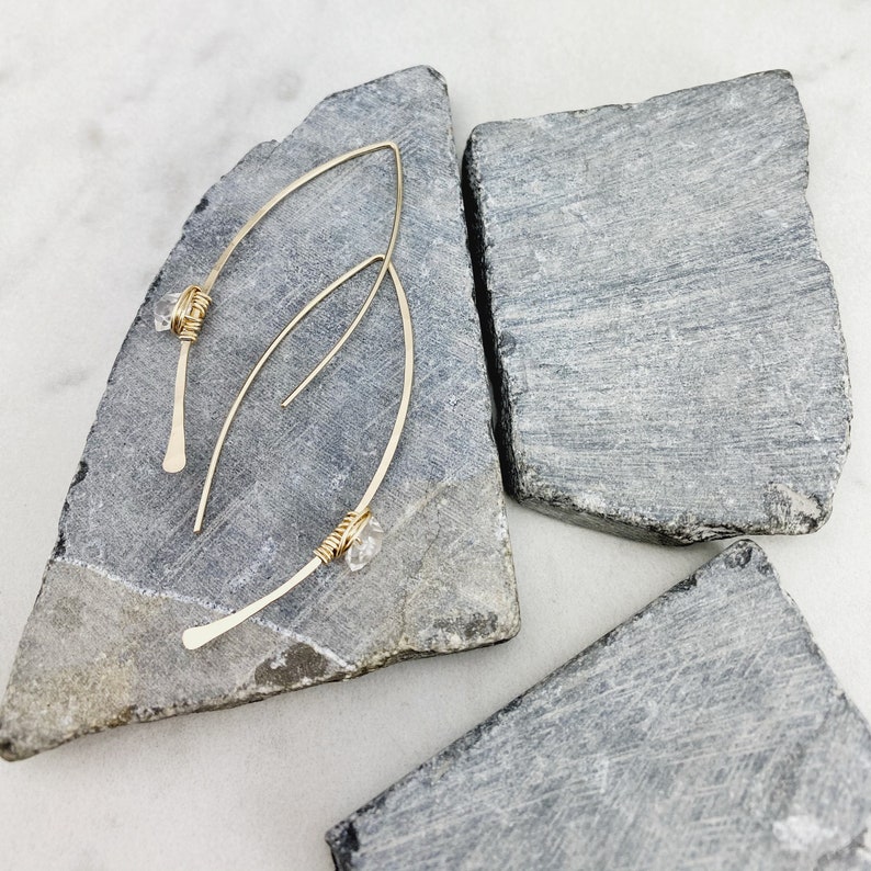 Hammered Gold Threader Earrings with Herkimer Diamonds, minimalist earrings, delicate earrings, gold earrings, open hoops image 1