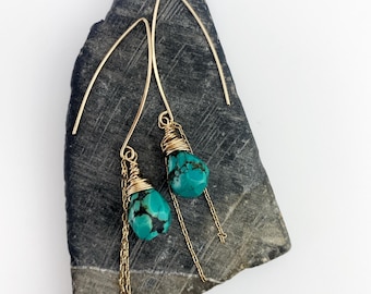 Gold Filled Turquoise Drop Earrings: Boho Wire Wrapped Jewelry
