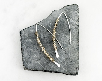 Hammered Sterlilng Silver Boho Threader Earrings with gold wire wrap, minimalist earrings, delicate earrings, threader earrings, open hoops