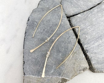 Gold and Silver Threader Earrings, minimalist earrings, mixed metal jewelry, Hammered Drop Earrings, Arc Earrings, Open Hoops, Boho Earrings
