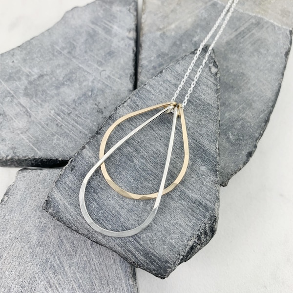 Yellow Gold and Sterling Silver Arches Necklace, Art Deco Necklace, Mixed Metal Necklace, Gold and Silver Necklace, Teardrop Necklace