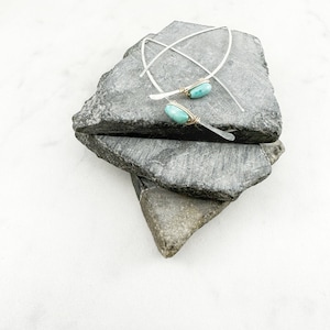 May include: A pair of silver earrings with turquoise stones set in gold wire. The earrings are displayed on a stack of gray stones.