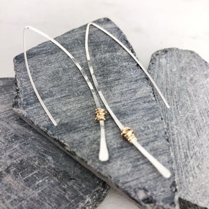 Hammered Sterling Silver and Gold Threader Earrings, minimalist earrings, delicate earrings, mixed metal earrings, open hoops image 1