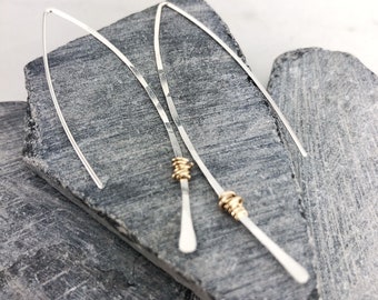 Hammered Sterling Silver and Gold Threader Earrings, minimalist earrings, delicate earrings, mixed metal earrings, open hoops, arc earrings