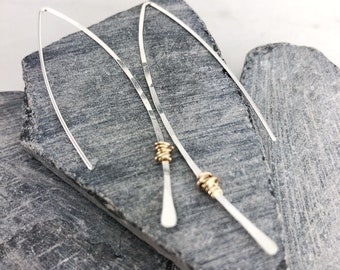 Hammered Sterling Silver and Gold Threader Earrings, minimalist earrings, delicate earrings, mixed metal earrings, open hoops