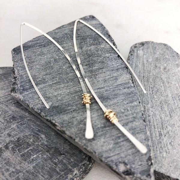 Hammered Sterling Silver and Gold Threader Earrings, minimalist earrings, delicate earrings, mixed metal earrings, open hoops