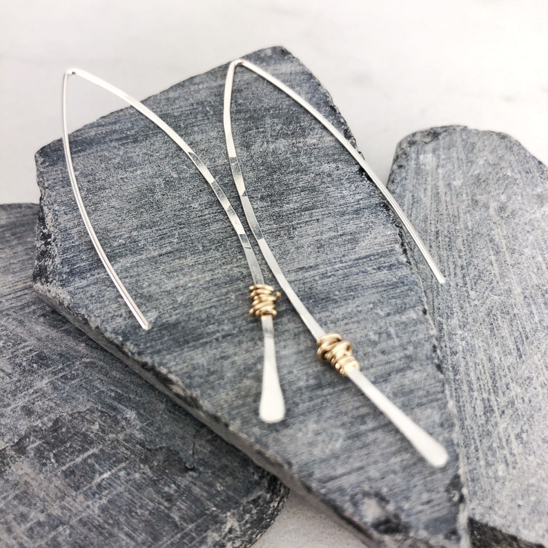 Hammered Sterling Silver and Gold Threader Earrings, minimalist earrings, delicate earrings, mixed metal earrings, open hoops image 1