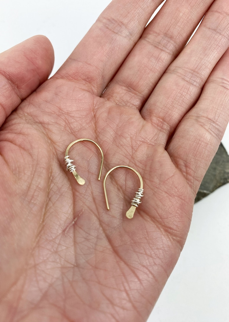 Gold Horseshoe Threader with Silver Wrap, minimalist earrings, delicate earrings, mixed metal earrings, open hoops, huggie hoop earrings image 4