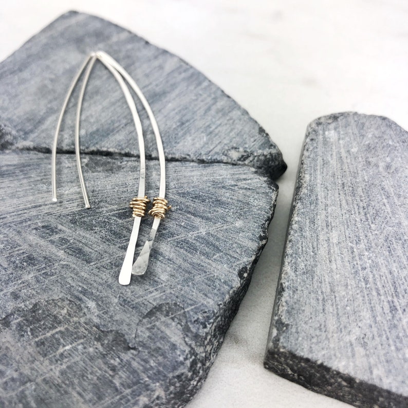 Hammered Sterling Silver and Gold Threader Earrings, minimalist earrings, delicate earrings, mixed metal earrings, open hoops image 2