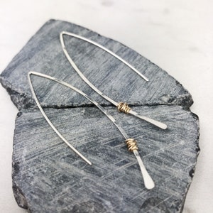 Hammered Sterling Silver and Gold Threader Earrings, minimalist earrings, delicate earrings, mixed metal earrings, open hoops image 5