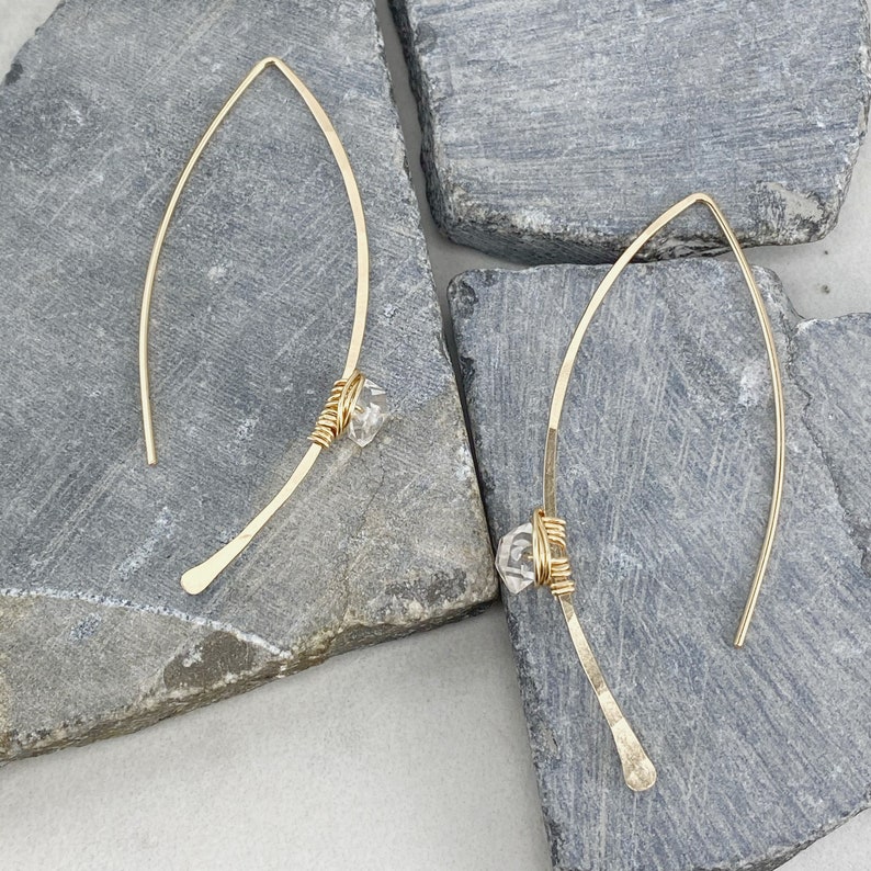 Hammered Gold Threader Earrings with Herkimer Diamonds, minimalist earrings, delicate earrings, gold earrings, open hoops image 7