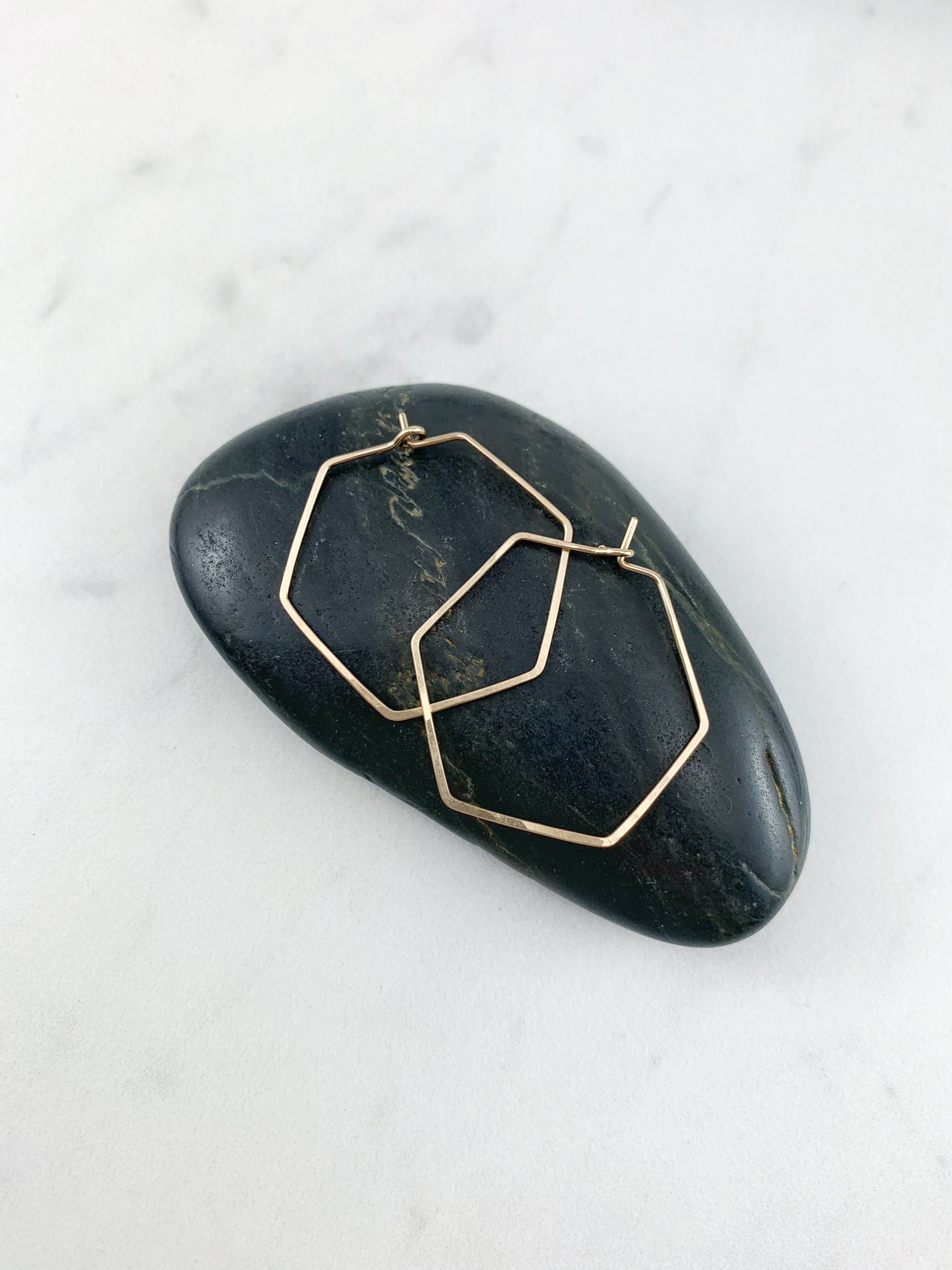 Gold Hexagon Earrings, Gold Hoops, hammered earrings, geometric earrings, hexagon shaped earrings,  dainty hoops, small boho earrings