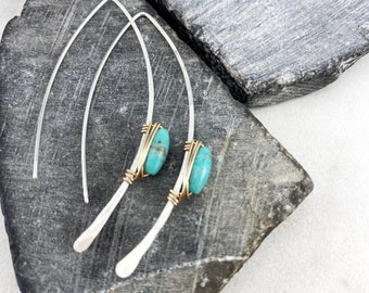 Hammered Sterling Silver and Turquoise Threader Earrings, minimalist earrings, delicate earrings, mixed metal, gold wire wrapped, open hoops