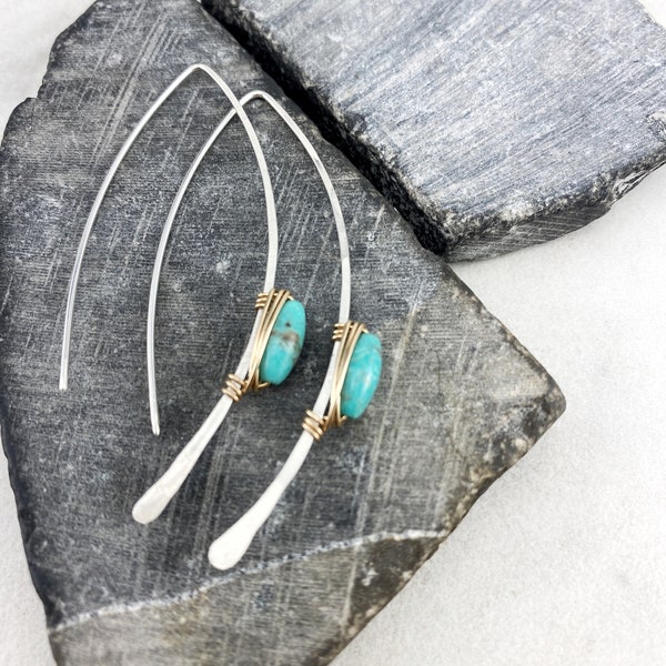 Hammered Sterling Silver and Turquoise Threader Earrings, minimalist earrings, delicate earrings, mixed metal, gold wire wrapped, open hoops
