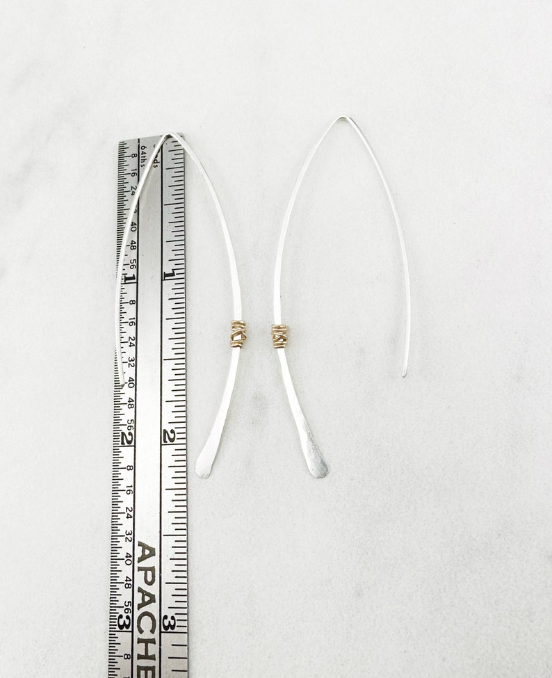 Hammered Sterling Silver and Gold Threader Earrings, minimalist earrings, delicate earrings, mixed metal earrings, open hoops image 7