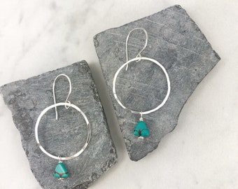 Hand Forged Sterling Silver Turquoise Hoop Earrings: December Birthstone Dangles