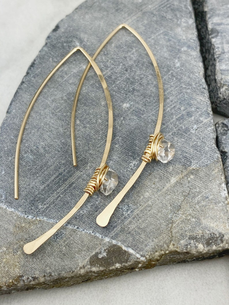 Hammered Gold Threader Earrings with Herkimer Diamonds, minimalist earrings, delicate earrings, gold earrings, open hoops image 2