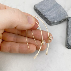 Hammered Gold Threader Earrings with Herkimer Diamonds, minimalist earrings, delicate earrings, gold earrings, open hoops image 8